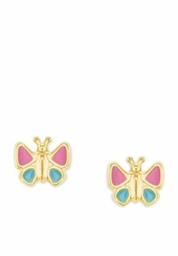 Orecchini a forma di farfalla color oro con rifiniture in smalto rosa e blu. Presentano un design dettagliato delle ali e una finitura lucida.