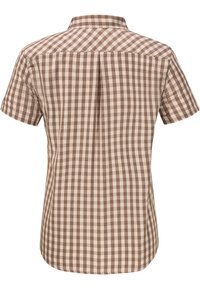 Kurzes, ärmelloses Hemd im braun- und cremefarbenen Karomuster. Verfügt über einen Kragen und eine Falte auf der Rückseite, aus glattem, strukturiertem Baumwollstoff.