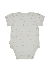 Light gray short-sleeve bodysuit with beige paw print pattern. Soft cotton material with a tag on the side. Standard fit with no additional features.