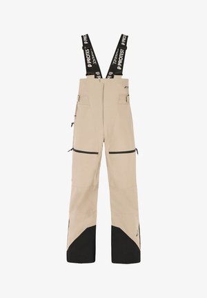 Beige Skihosen mit schwarzen Akzenten, verstellbaren Trägern, mehreren Reißverschlusstaschen und einem weit ausgestellten Beinabschluss für optimale Bewegungsfreiheit.