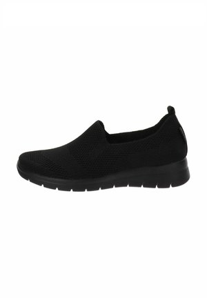 Scarpe nere slip-on realizzate in tessuto testurizzato, con suola flessibile e design minimalista. Caratterizzate da un tallone basso e una parte superiore elastica per una facile vestibilità.