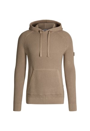 Beżowy dresowy hoodie z teksturowanym powierzchnią, z kieszenią z przodu i kapturem na sznurku. Posiada ściągacze na mankietach i dolnej krawędzi. Casualowy design.