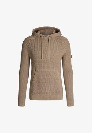 Felpa con cappuccio beige in maglia, con superficie testurizzata, tasca a soffietto frontale e cappuccio con cordino. Presenta polsini e orlo a costine. Design casual.