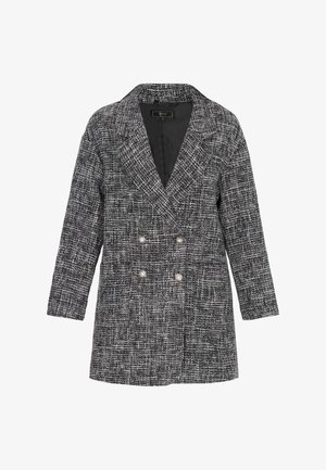 Dupla soros blézer texturált fekete-fehér szövettel. Revers gallérral és két díszítő gyöngy gombbal az elején.