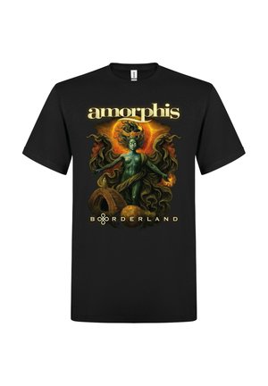 Camiseta negra con texto dorado "amorphis" sobre una figura humanoide verde con cabello oscuro y fluido, y fondo naranja, y texto "borderland" debajo.