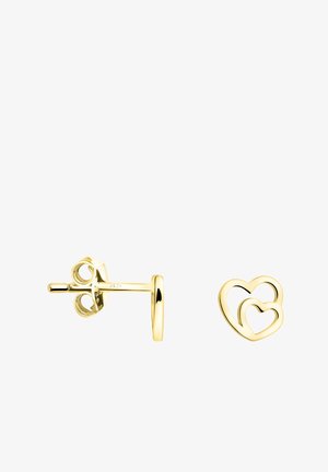 Guldtonede hjerteformede studs med et lagdelt design. Har en poleret overflade og sikker post-back lukning. Enkle, men elegante.