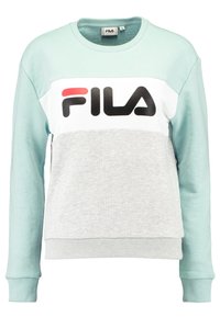 Sudadera en verde menta y gris con un panel blanco que presenta un logo negro de FILA. El diseño se completa con un cuello redondo y puños acanalados.