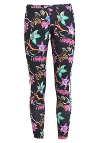 Blommiga leggings med svart bakgrund, livliga flerfärgade blommönster och sidostråk. Tillverkade av elastiskt material för komfort.