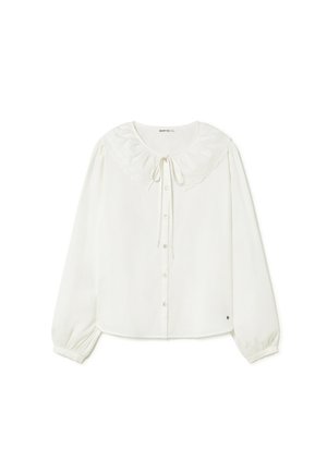Blusa blanca de manga larga con cuello Peter Pan festoneado, botones delanteros y lazo en el escote, con puños fruncidos.