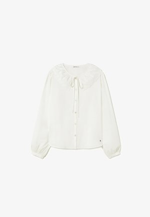 Blusa blanca de manga larga con cuello Peter Pan festoneado, botones delanteros y lazo en el escote, con puños fruncidos.