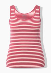 Rot-weiß gestreiftes Tanktop mit Rundhalsausschnitt und glattem Baumwollstoff, das gleichmäßige horizontale Linien und einen sauberen Abschluss am Saum aufweist.