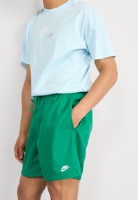Světle modré bavlněné tričko má malé bílé logo Nike. Zelené kraťasy s elastickým pasem a bočními kapsami, zvýrazněné bílým logem.