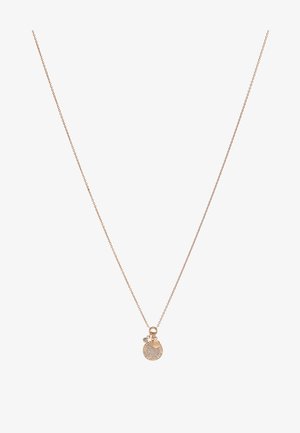 Halskette aus Roségold mit einer zarten Kette und einem runden Anhänger mit strukturierter Oberfläche, verziert mit einem kleinen Edelstein.