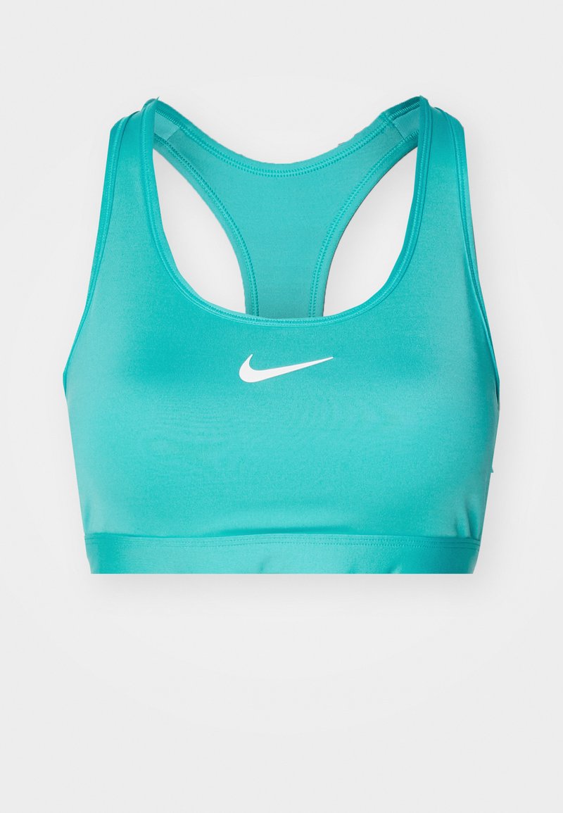 Reggiseno sportivo turchese con una texture liscia e elegante, design racerback e un logo Nike bianco centrato sul davanti.