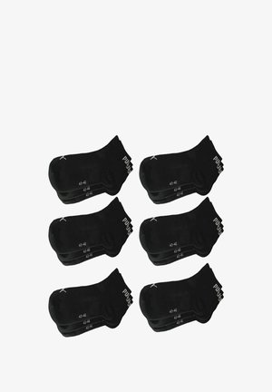 Black socks in a pack of six, cotton blend, ankle-length design, size 43-46, featuring printed size markers and ribbed cuffs.