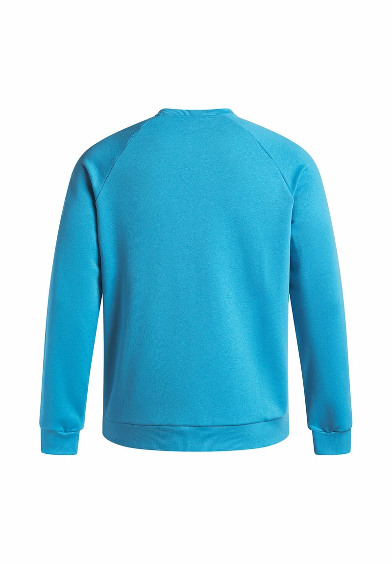 Sudadera azul claro con cuello redondo, mangas raglán largas y puños y dobladillo de canalé. Textura de tela suave; sin patrones ni acentos visibles.