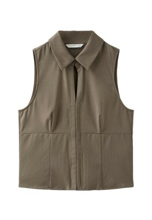 Blouse sans manches vert olive à fines rayures, avec col et fermeture avant boutonnée cachée, posée à plat sur fond blanc.