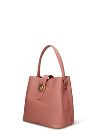 Borsa a mano in pelle strutturata color pesca con logo in accento dorato. Presenta una forma strutturata, doppi manici e una chiusura superiore sicura.