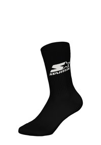 Black cotton blend sock with ribbed texture and integrated logo design in white, featuring a crew length and reinforced toe.