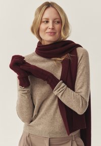 Fular burgund și mănuși fără degete asortate, din țesătură moale de tricot, purtate cu un pulover bej deschis, cu mâneci lungi și manșete striate.