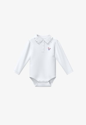 Weißer Langarm-Body mit spitzem Kragen, Knopfleiste und floraler Stickerei in Rosa und Blau auf der linken Brust. Weicher Stoff.