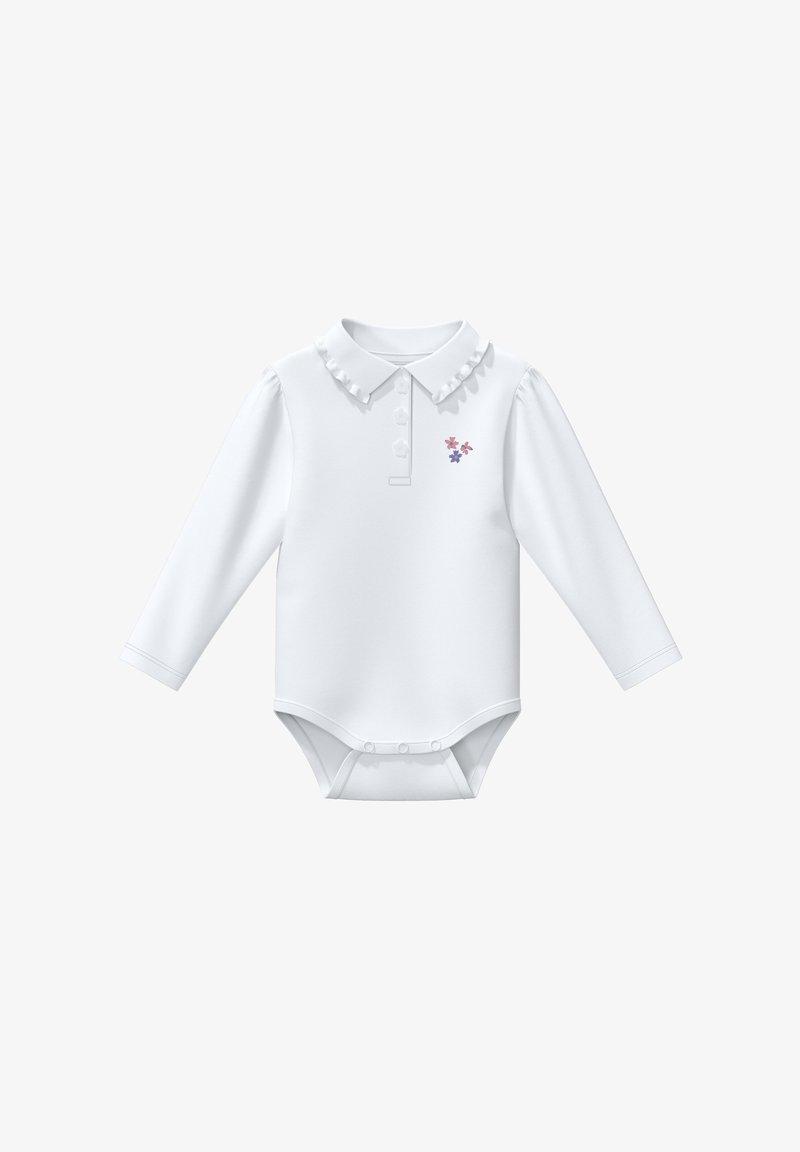 Biała body z długim rękawem, z ostrym kołnierzykiem, listwą na guziki i kwiatowym haftem w różowym i niebieskim kolorze na lewej stronie klatki piersiowej. Miękka tkanina.