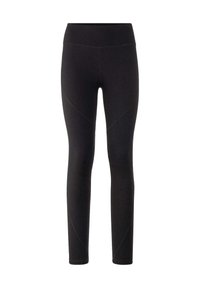 Zwarte leggings van rekbare stof, met een hoge tailleband, een aansluitende pasvorm en gebogen naadtoeslagen langs de benen.