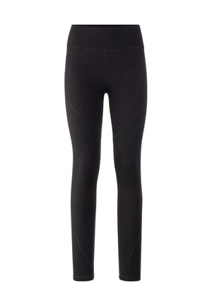 Black leggings made from stretch fabric, featuring a high waistband, fitted silhouette, and curved seam detailing along the legs.
