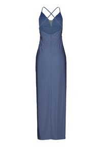 Blauwe mouwloze jurk met een aansluitend lijfje, kruisrugbandjes, een V-halslijn en een rechte lange rok, gemaakt van gladde stof.