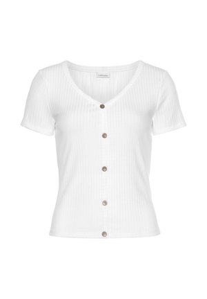 Weißes, geripptes, kurzärmeliges, tailliertes Crop-Top mit V-Ausschnitt, fünf Knöpfen vorne und figurnaher Silhouette.