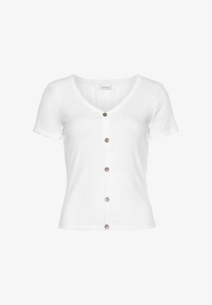 White ribbed short-sleeve V-neck cropped top with five front buttons and fitted silhouette.