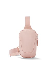 Borsa a tracolla in tessuto rosa con forma arrotondata, chiusura con zip, manico laterale e tracolla regolabile. Presenta un logo discreto sul fronte.