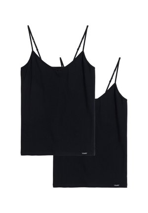 Dwa czarne topy na ramiączkach z cienkimi regulowanymi paskami, ułożone płasko, z małymi metkami "ATLANTIC" na dolnym brzegu.