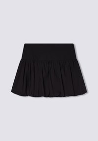 Gonna nera con una vita aderente e un design svasato e arricciato. Realizzata in tessuto leggero, presenta una texture liscia e senza motivi visibili.