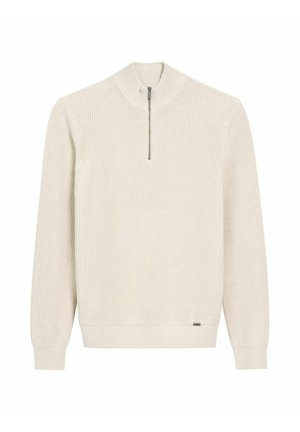 Jasno beżowy sweter z dzianiny z wysokim kołnierzem i krótkim zamkiem błyskawicznym. Posiada ściągacze przy mankietach i dolnym końcu, prezentując teksturowany wzór.