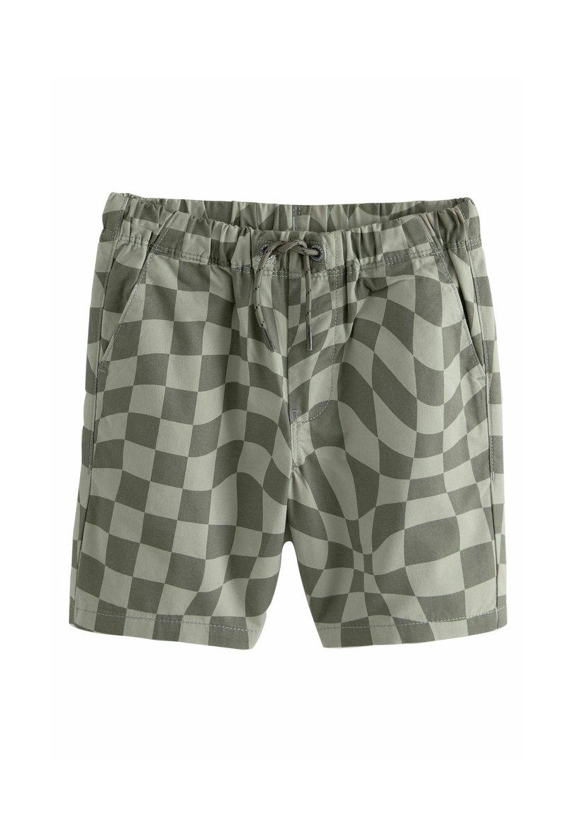 Shorts de bain à carreaux verts avec une taille élastique, cordon de serrage et poches latérales, présentant un motif en forme de vagues et une texture lisse.