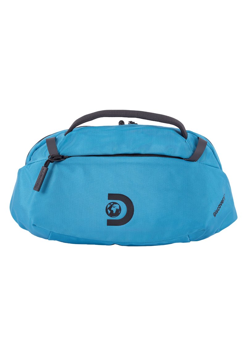 Borsa da viaggio blu con finitura testurizzata, dotata di manico superiore, scomparto principale con zip e un design del logo nero sul davanti.