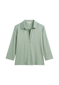 Light green collared shirt made of soft fabric. Features three-quarter sleeves, button closure, and a relaxed fit.