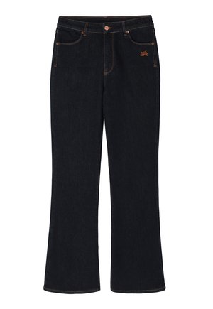 Dark blue denim jeans with a flared leg design, featuring orange stitching and a small logo accent on the front pocket.