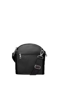 Borsa a tracolla nera in pelle testurizzata, forma superiore arrotondata, tasca frontale con zip, tracolla regolabile e accentuazioni in argento prominenti.