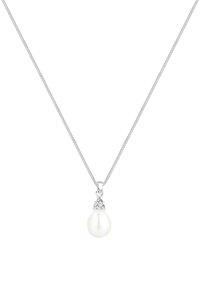 Silberne Kettenhalskette mit einem tropfenförmigen weißen Perlenanhänger, der oben eine dreieckige silberne Akzentuierung mit kleinen klaren Edelsteinen aufweist.