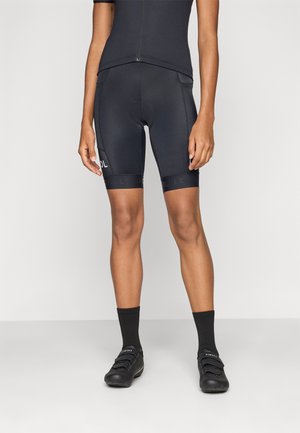 Schwarze Radhosen mit einer glatten Textur, ausgestattet mit einem enganliegenden Design, Beinruffern und einem Logodetail auf der linken Seite.
