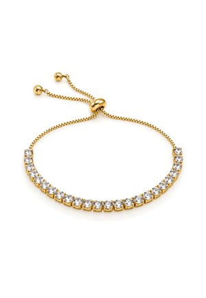 Bracelet réglable en or avec des cristaux ronds clairs disposés en ligne et un fermoir coulissant avec deux petites perles dorées.