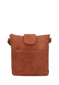 Brun läder crossoverväska med en klaffstängning, framficka och enkel sömnad. Har en zippered topp och justerbar rem.