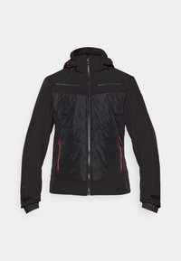 Schwarze Jacke mit Reißverschluss auf der Vorderseite, mit einer gesteppten Textur auf der Brust und roten Akzentreißverschlüssen und Details. Kapuzen-Design.