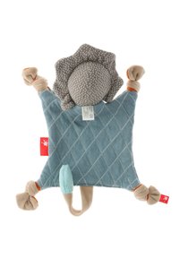 Doudou lion en tissu doux avec un corps matelassé bleu, des membres beige noués et une crinière et une tête grises à motifs.