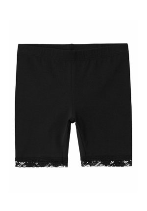 Pantalones cortos de algodón negros con una cintura elástica, que presentan un ribete de encaje en el dobladillo para un detalle adicional. Diseño simple y ajustado.