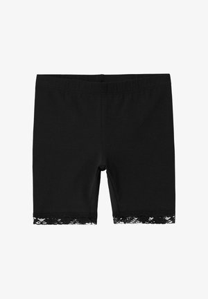 Pantalones cortos de algodón negros con una cintura elástica, que presentan un ribete de encaje en el dobladillo para un detalle adicional. Diseño simple y ajustado.