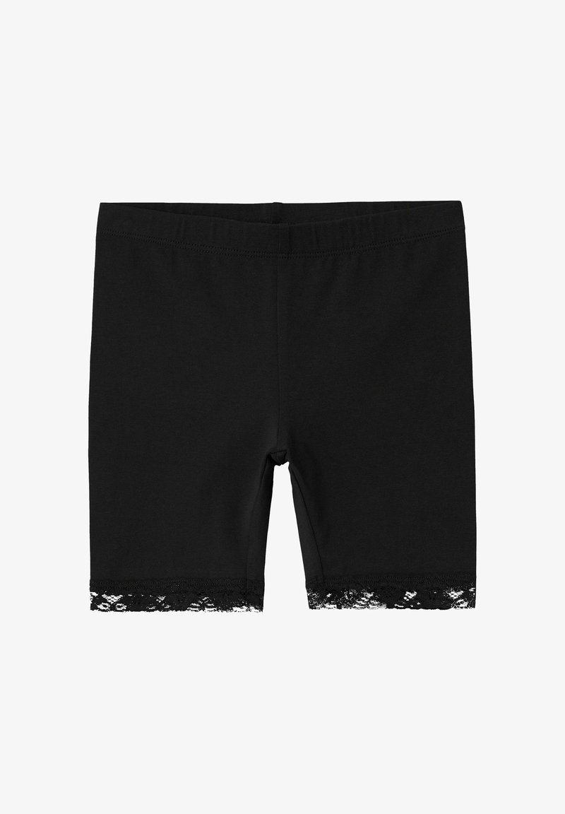 Pantalones cortos de algodón negros con una cintura elástica, que presentan un ribete de encaje en el dobladillo para un detalle adicional. Diseño simple y ajustado.