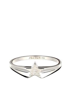 Bague en argent avec une forme d'étoile texturée au centre et un anneau lisse, gravée "JGJ 925 Ag" à l'intérieur de l'anneau.